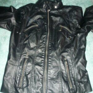 JouJou Women's Faux Leather Moto Black Jacket -Zipper Pockets - Size Small